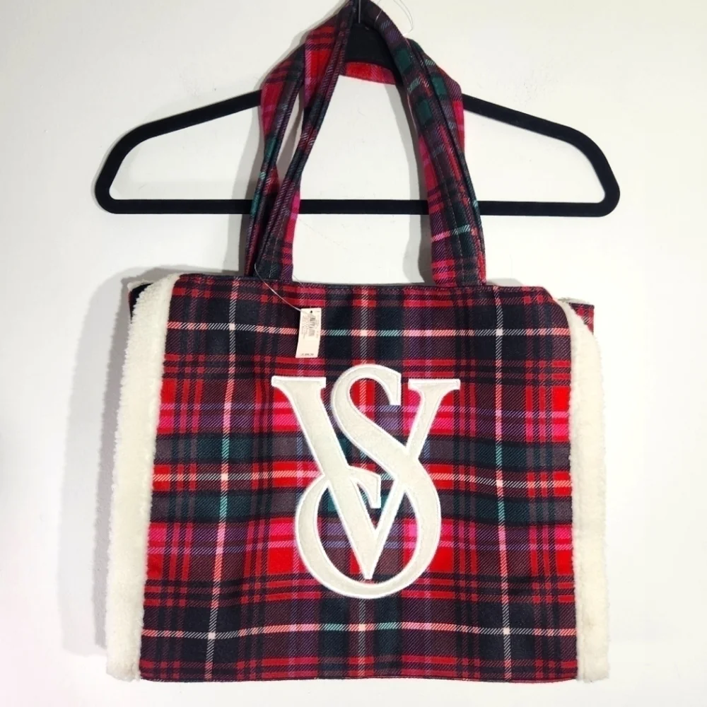 Victorias Secret Red Plaid Holiday Large Tote Bag Christmas - Picture 3 of 8